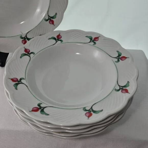 Dansk Rosebud Soup Bowls 9" scallop textured large rim floral romantic set/6